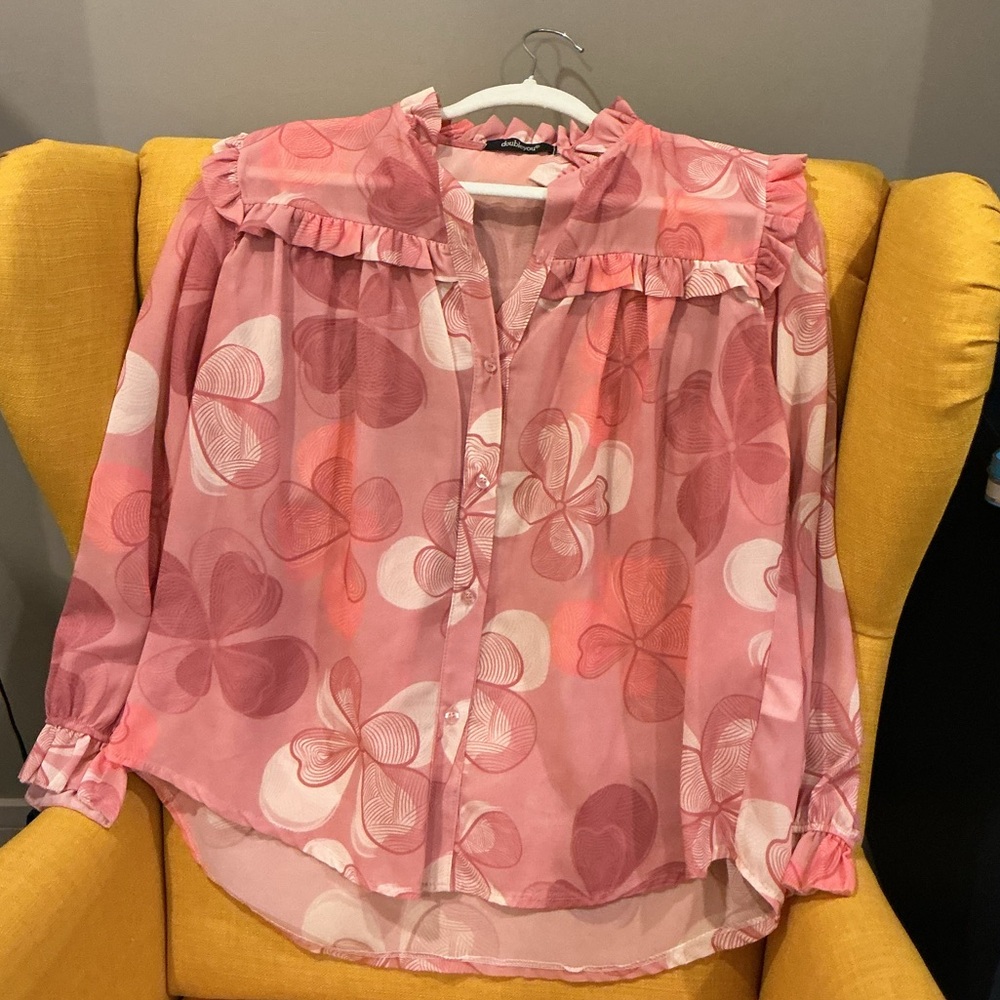 Pink and Red Flower Patterned Sheer Blouse from Italy